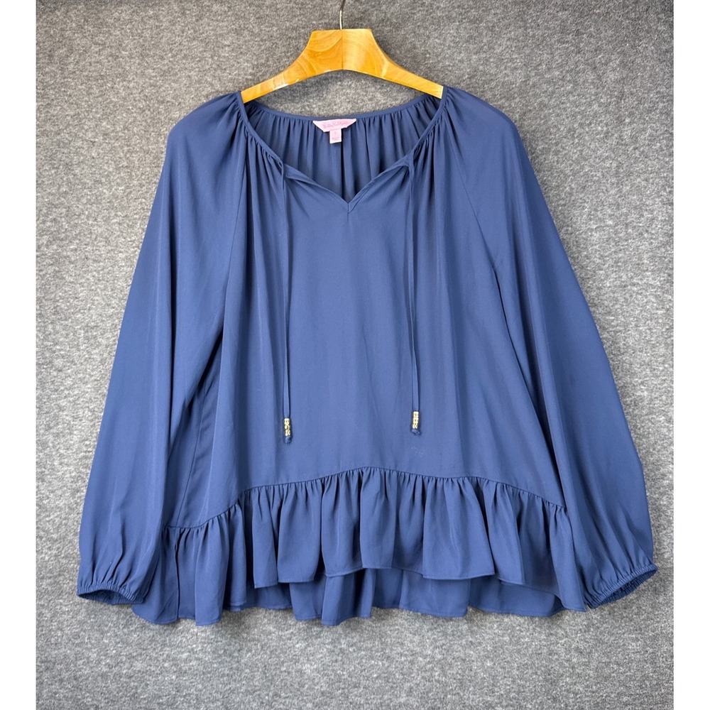 Lilly Pulitzer Tensley Top Navy Blue Ruffle Hem Tie Neck Blouse High Tide Size L